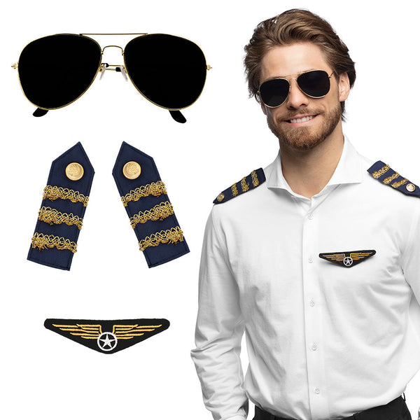 Piloten-Set (Partybrille, Abzeichen und Schulterpolster)