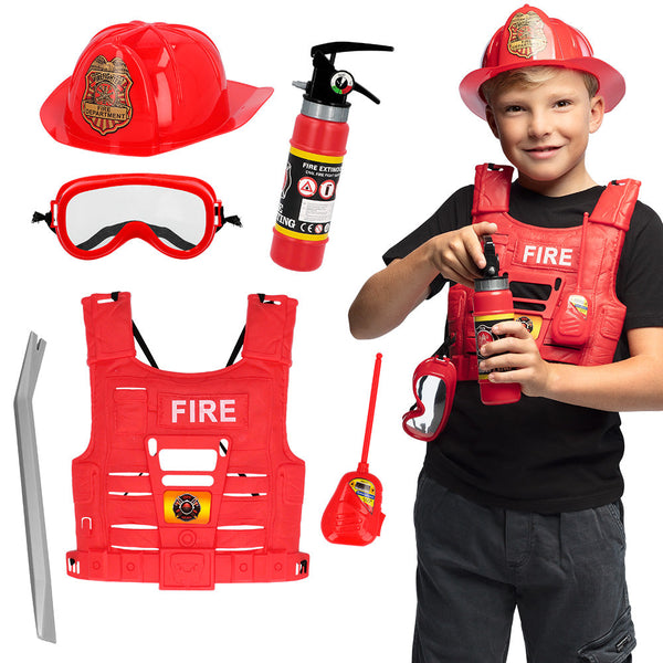 Kinder-Feuerwehr-Set (Helm, Weste, Schutzbrille, Walkie-Talkie, Feuerlöscher, Brechstange)