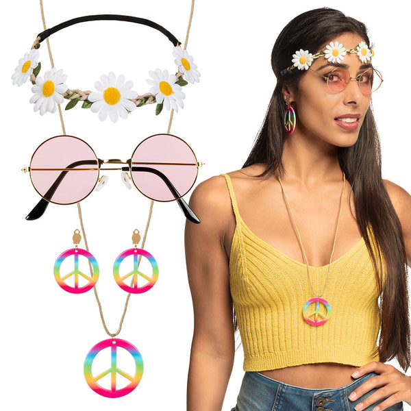 Hippie de luxe Set (Stirnband, Partybrille, Ohrringe und Halskette)