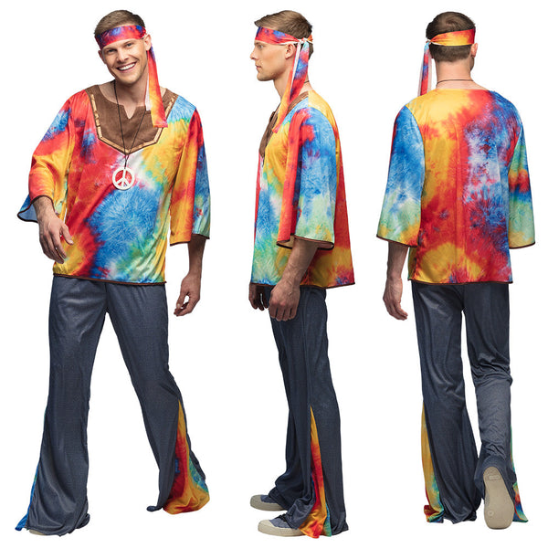 Hippie Kostüm Herren | Stirnband, Halskette, Hemd und Hose