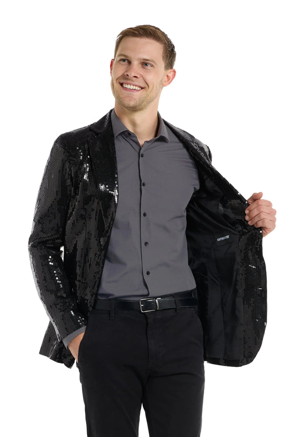 Suitmeister | Pailletten Schwarz | Glitzerjacke Schwarz | Schwarzer Blazer für Herren