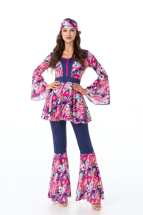 Retro 60er 70er - Hippie Kostüm - Oberteil + Hose + Stirnband - Für Damen