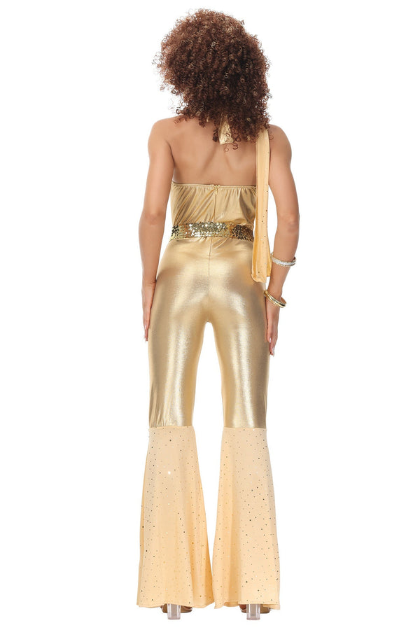 Goldenes Disco-Kostüm – Für Damen – Overall + Schal + Gürtel